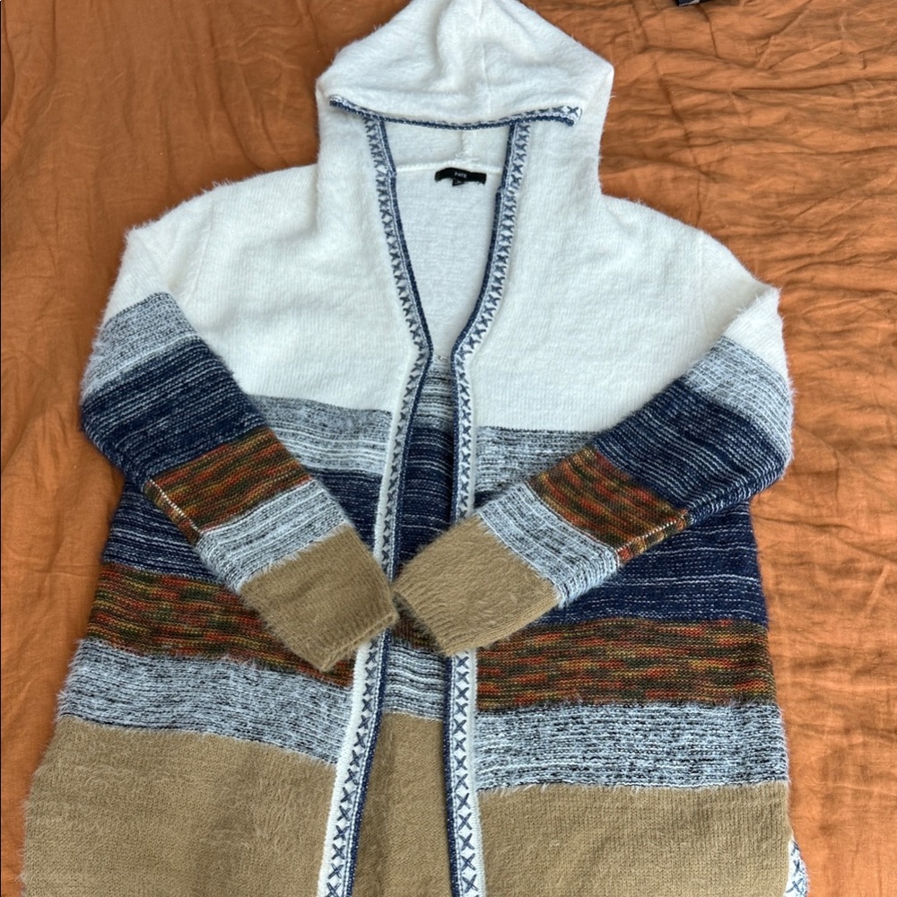 Fate Cozy Hooded Colorblock Open-Front Sweater Cardigan - White & Navy & Tan